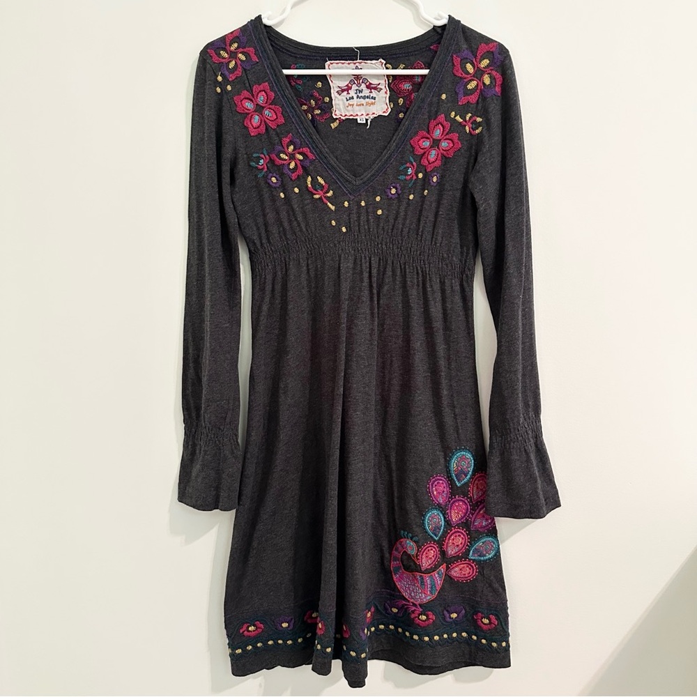 Johnny Was JW Los Angeles Embroidered Gray Dress Peacock Flowers Women's XS Boho